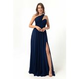 Lafaba Women's Navy Blue One-Shoulder Slit Long Evening Dress Cene