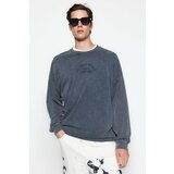 Trendyol Anthracite Men's Oversize/Wide-Collar Weared/Faded-effect text and Embroidery Cotton Sweatshirt. Cene