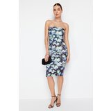 Trendyol limited edition blue floral printed mini strapless collar stretchy knitted dress Cene
