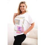 Kesi Włoski Women's cotton Plus Size blouse with gold print white + blue | Shoptok.si