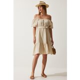  Women's Cream Carmen Collar Belted Summer Muslin Dress | Shoptok.si