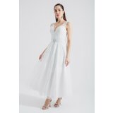 Lafaba Women's White V-Neck Glitter Midi Evening Dress cene