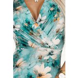 Numoco 379-4 BOYKA Fitted dress with an envelope neckline - beige flowers on a turquoise background | ePonuda.com