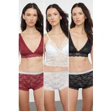 Trendyol Black-White-Claret Red 3-Pack Lace Openwork/Perforated Hipster Knitted Panties