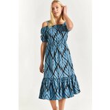 armonika Women's Light Blue Patterned Dress with Elastic Waist Straps, cene