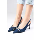 Mio Gusto Alexis Navy Blue Color Denim Fabric Open Back Stone Bow Women Heeled Shoes