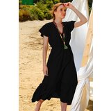 Trend Alaçatı Stili Women's Black Striped Double Breasted Neck Maxi Oversized Crinkle Dress | Shoptok.si