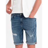 Ombre Men's short denim shorts with rubbing and rolled up leg - blue | Shoptok.si