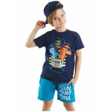 Denokids Shark Surf Boys Children's Navy Blue T-shirt with Blue Shorts Summer Suit.