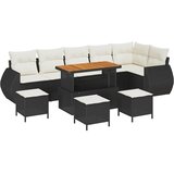 vidaXL 10 delni vrtnarski sofa set z blazinami črni poli ratan akacija, 4 delni vrtnarski jedilni set z blazinami črni poli ratan akacija | Shoptok.si