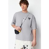 Trendyol Men's Gray Oversize Mystic Animal Embroidery 100% Cotton T-Shirt Cene