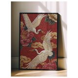 Wallxpert uramljena slika 115248, beli ždralovi i crveni božuri na crvenoj pozadini, 50 x 70 cm, crni ram | Eponuda.com