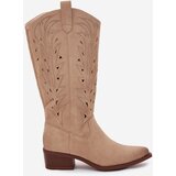 Boto Cowboy Boots With Perforated Pattern On Low Heel Beige Selirae | Eponuda.ba