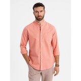 Ombre Men's linen shirt with stand-up collar and pocket REGULAR FIT - pink | Shoptok.si