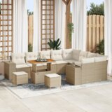 vidaXL 12-delni vrtni sofa set z blazinami bež poli ratan akacijeva, 3-delni vrtni jedilni set z blazinami bež poli ratan akacijeva | Shoptok.si