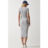  Women's Stone Crew Neck Wraparound Ribbed Knitted Dress | Shoptok.si