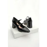Marjin Women's Chunky Heel Double Strap Classic Heel Shoes Asney Black Patent Leather