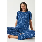 Happiness İstanbul Women's Navy Blue Patterned Viscose Trousers T-Shirt Pajama Set