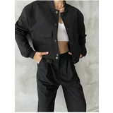 Laluvia Black Snap Button Detailed Two Pocket Lined Crop Bomber Jacket