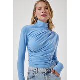  Women's Sky Blue Gathered Detailed High Neck Sandy Blouse Cene