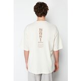 Trendyol Stone Men's Oversize/Wide-Fit Text Printed Back 100% Cotton T-shirt Cene