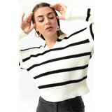 Lafaba Women's White Polo Neck Striped Knitwear Sweater Cene