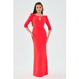 Carmen Coral Crepe Pearl Embroidered Long Evening Dress Cene