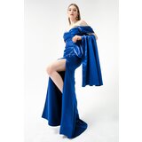 Lafaba Women's Indigo Boat Neck Slit Long Satin Evening Dress | shoptok.hr
