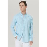 ALTINYILDIZ CLASSICS Men's Turquoise Slim Fit Slim Fit Buttoned Collar Linen-Looking 100% Cotton Flared Shirt. Cene
