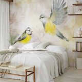  Foto tapeta - Painted tits - bird motif with patterns in yellow and beige tones 147x105 Samoljepljiva | shoptok.hr