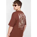 Trendyol men's brown oversize/wide-fit 100% cotton back printed t-shirt Cene