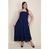Şans Women's Plus Size Navy Blue Hem Lace Chest Part Gimped Elastic Elastic Dress Cene