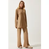 Happiness İstanbul Women's Biscuit Ribbed Knitted Blouse Pants Suit