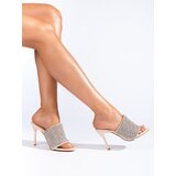 SHELOVET Elegant heeled slippers with rhinestones beige
