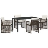 vidaXL 5-delna vrtna jedilna garnitura z blazinami rjava poli ratan, zunanja miza črna 140x80x73 cm kaljeno steklo Cene