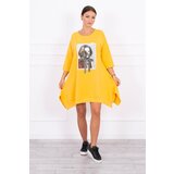Kesi Dress with print and flared mustard bottom Cene