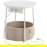 Songmics okrogla stranska mizica s polnilno postajo, mizica z vtičnico, klubska mizica, usb priključki, košara iz blaga, dnevna soba, spalnica, nočna omarica moderna, mat bela in kamelje rjava LET228, (21388877) Cene