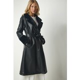 Happiness İstanbul Women's Black Fur Collar Faux Leather Coat Cene