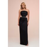 Carmen black satin strapless long evening dress with side slit Cene