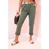 Kesi Włoski Women's viscose trousers with belt and rolled up leg light khaki | Shoptok.si