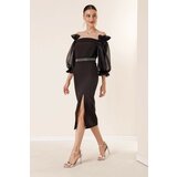 By Saygı Square Collar Organza with a slit in the front and a belted waist dress in Black. cene