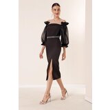 By Saygı Square Collar Organza with a slit in the front and a belted waist dress in Black. | shoptok.hr