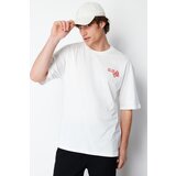Trendyol Ecru Men's Oversize / Wide Cut Floral Printed Short Sleeve 100% Cotton T-Shirt Cene