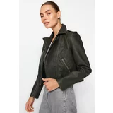 Trendyol Anthracite Aged Detailed Faux Leather Biker Jacket Coat
