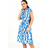 armonika Women's Blue Geometric Patterned Short Sleeve Shirt Dress with Belt cene