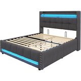 Lumor Postelja za odrasle s predali 140x200 cm iz lana – z LED osvetlitvijo in USB priključkom – z letveno podlago – siva, (22150877) | Shoptok.si