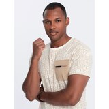 Ombre Men's cotton t-shirt with letter print and pocket - cream and brown Cene