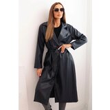 Kesi Włoski Women's faux leather trench coat with a belt and collar navy Cene