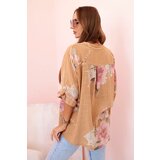 Kesi Włoski Women's cotton blouse with a floral pattern and buttons - camel | Shoptok.si