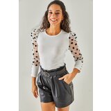 Olalook Women's Ecru Sleeve Tulle Cuff Buttoned Lycra Blouse | shoptok.hr